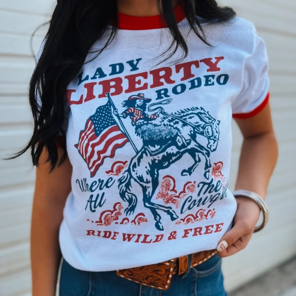 Lady Liberty Rodeo T-Shirt - White & Red